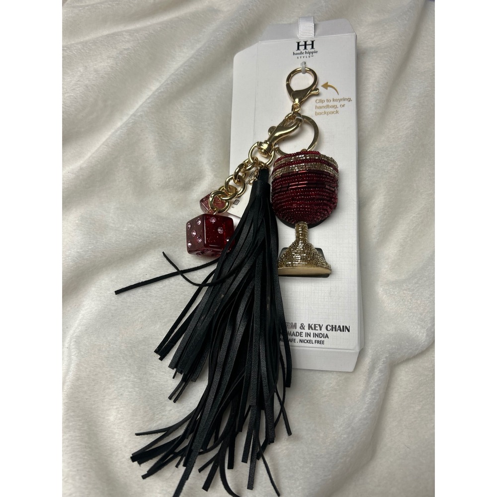 Haute Hippie Style Beaded Wine Glass Tassel & Dice Bag Charm Keychain Red Black